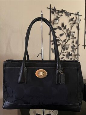 Coach Black Signature Canvas Shoulder Tote with Gold Turnlock